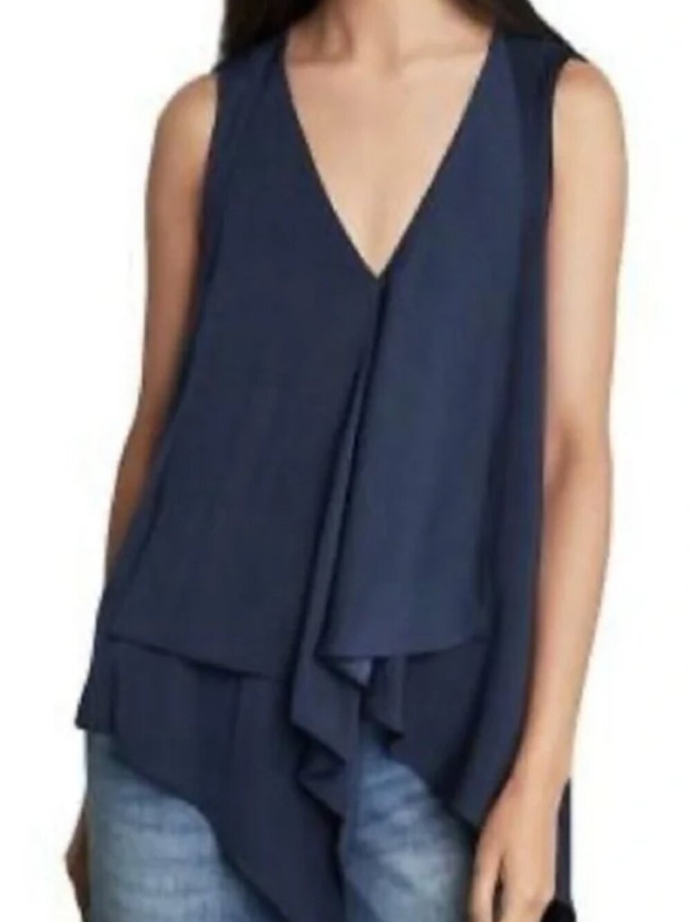 BCBGMAXAZRIA Cyprien Navy Blue Asymmetric High-Low Draped V-Neck Blouse M